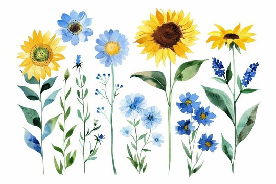 Whimsical Watercolor Meadow Flowers - Common Tansy, Sunflowers, Blue Wildflowers Clipart Illustration Set, Hand Drawn Botanical Art