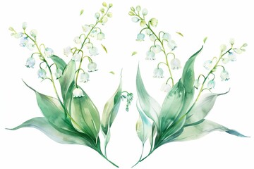 Whimsical Spring Lilies of the Valley Floral Watercolor Illustration on White Background, Ideal for Wedding Invitations, Postcards, and Holidays