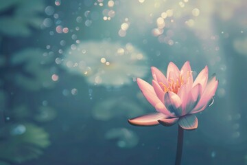 Pink lotus in full bloom on water, perfect for Vesak holiday themes, tranquility content, and floral designs, copy-space background - obrazy, fototapety, plakaty