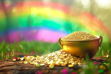 Whimsical pot of gold at the end of a vibrant rainbow, lucky charm illustration - obrazy, fototapety, plakaty