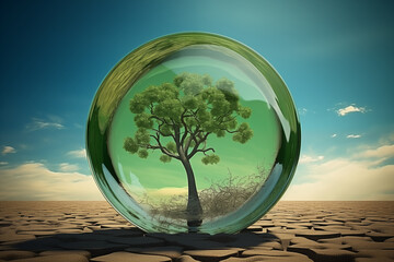 Tree in glass ball on soil crack in desert - 773417821
