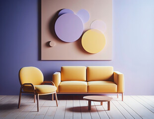 Modern soft yellow sofa against a background of an empty purple wall. Minimalist interior of a modern room