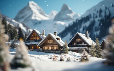 A charming house nestled in the snow-covered mountains under a serene blue sky