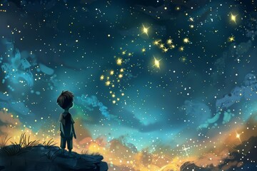 Whimsical illustration of boy gazing at starry night sky with glowing galaxy, hope and wonder concept - obrazy, fototapety, plakaty