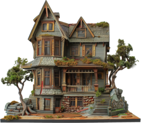 Miniature Victorian dollhouse with intricate details cut out on transparent background