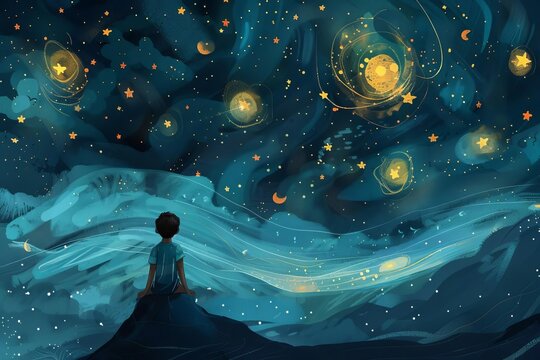 Whimsical illustration of boy gazing at starry night sky with glowing galaxy, hope and wonder concept