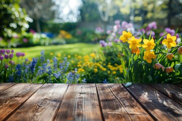 Naklejka na ściany i meble Empty wood table with spring flowers garden, placement product background