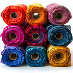Fabric rolls in a textile factory isolated on white background, space for captions, png
