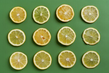 Fototapeta premium Several halved lemons arranged neatly on a green surface
