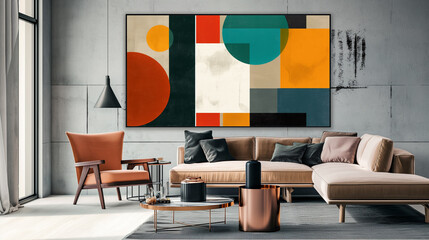 Sala de estar com obra de arte colorida retro 
