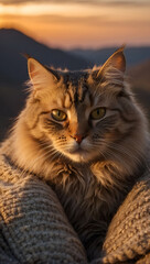 Cat looking at camera with sunset light
