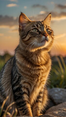 Cat looking up on a sunset field (vertical)