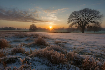 Epic winter sunset background with a big oak tree