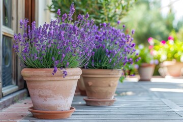 Fototapeta na wymiar Floriculture Beauty: Stunning Blooming Lavender in Pots on Terrace - Nature's Spring and Summer Garden Planting for Home