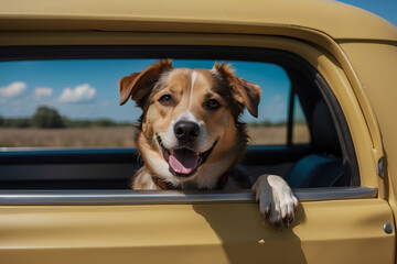 Happy traveling dog in a car window