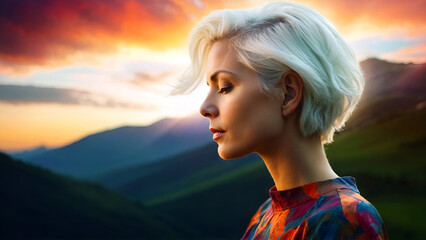 White haired woman meditating / relaxing, mountain background, colorful