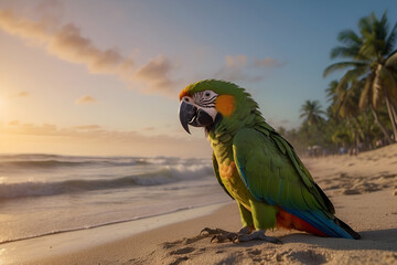 Green Macaw in a tropical beach shore