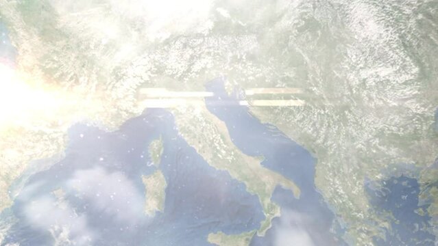 Zoom in from space and focus on Jesi, Italy. 3D Animation. Background for travel intro. Elements of this image furnished by NASA