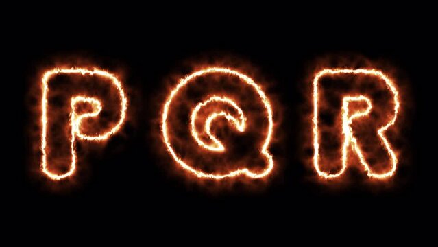 Animated alphabet letters "P Q R" with fire effect , transparent background with alpha channel	