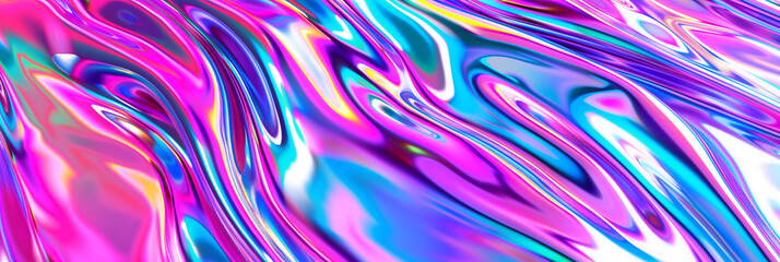 A vibrant, iridescent material twists and flows in an abstract form, with a play of colors ranging from blues and pinks to purples dominating the scene. The fluid appearance surface - obrazy, fototapety, plakaty