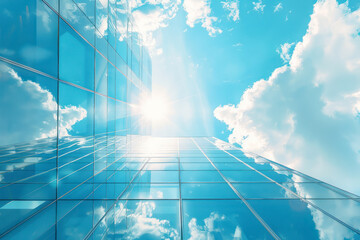 Bright blue sky with clouds reflecting in glass mirrored surface of modern building on sunny day.
