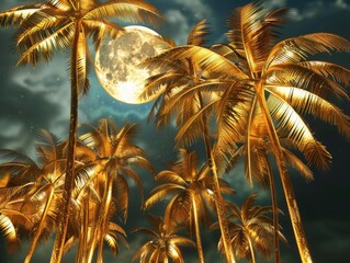 Fototapeta na wymiar Golden Moonlit Palm Trees Isolated on Luxurious Background - Perfect for Summer and Hotel Designs