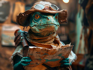An adventurous dinosaur explorer sets out on a quest armed with a trusty map and compass to discover new lands.