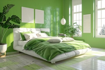 Green Bedroom Interior Design with Furniture Mockup for 3D Rendering - Refreshing Green and White Accents Perfect for any Home or Apartment Room