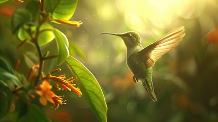 Graceful Hummingbird in Flight over a Green Nature Background - Wildlife Photography Print