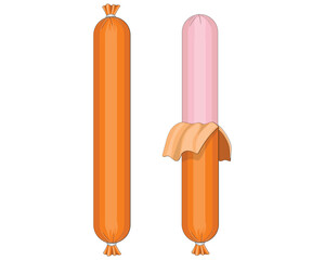 vector design of two orange beef sausage sticks where one sausage is still wrapped and the other is open