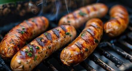 Grilled Bratwurst Sausage: Perfect Summer Food for Your Cookout and Barbecue - obrazy, fototapety, plakaty
