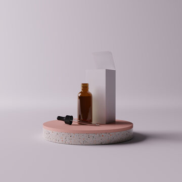 Amber glass dropper bottle and box on podium