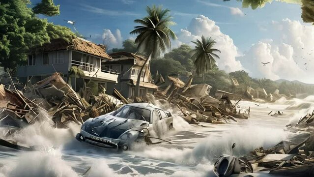 Consequences of a tsunami, an ocean storm destroys the coast, houses, cars and property.