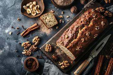 Fotobehang Homemade Banana Bread with Walnuts and Cinnamon. Top View of Delicious Pound Cake on Wooden Background © Serhii
