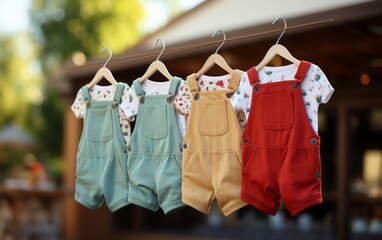 A charming display of baby clothes hanging on a clothesline