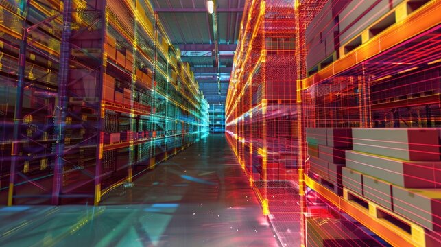 High Quality 3D Rendered Illustration of 3D Scanning Technology in a Digital Warehouse with Lidar Data HUD