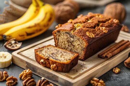 Homemade Banana Nut Bread with Cinnamon Flavor, Topped with Walnuts - Close-up View