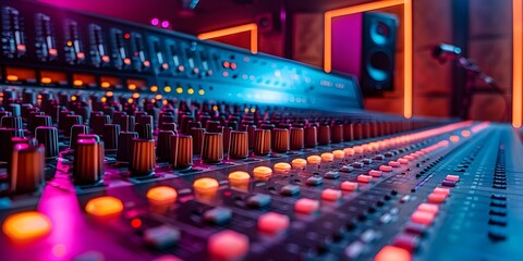 Sleek recording studio with digital sound mixing console and professional music production equipment. Concept Recording Studio, Sound Mixing Console, Music Production Equipment - obrazy, fototapety, plakaty
