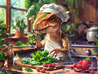 a quirky dinosaur chef who wears a chefs hat and apron
