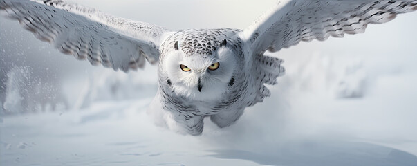 Snowy owl flying over winter land. - obrazy, fototapety, plakaty
