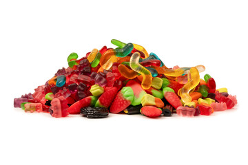 Assorted colorful gummy candies isolated on a white background. Top view.