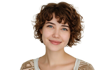 Woman with Short Curled Hair Smiling Isolated on Transparent Background