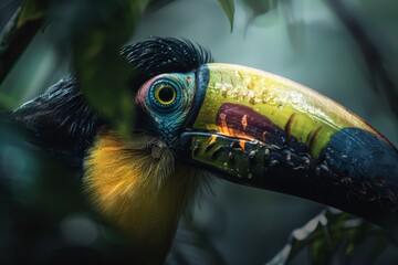 Fototapeta premium A vibrant toucan with a rainbow-colored bill perched on a sturdy tree branch