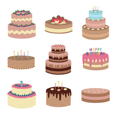 A set of hand-drawn cakes. Isolated dessert on a white background. Vector illustration