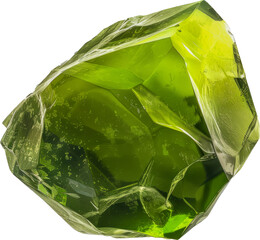 Radiant green peridot crystal with natural inclusions cut out on transparent background