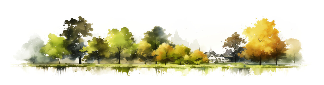 The countryside. Houses among the trees. Isolated PNG cutout. . Watercolor landscape illustration. Horizontal bar element for book design, divider, separator, footer for website.