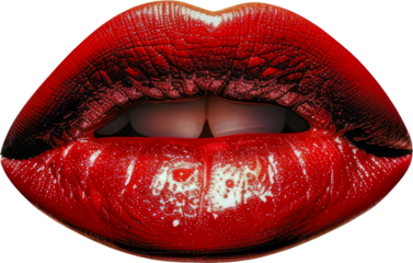 Sensual red lips close-up with matte lipstick cut out on transparent background