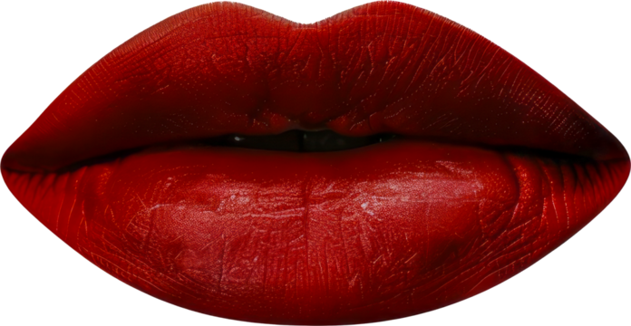 Sensual red lips close-up with matte lipstick cut out on transparent background