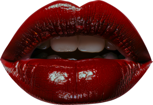 Sensual red lips close-up with matte lipstick cut out on transparent background