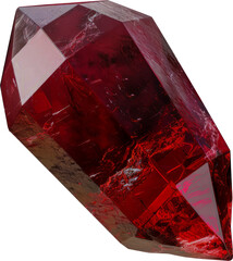 Deep red ruby gemstone crystal with sharp facets cut out on transparent background - obrazy, fototapety, plakaty